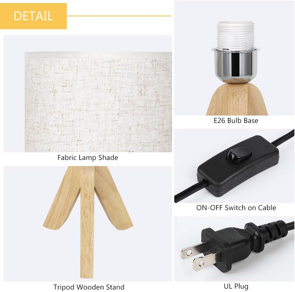 Wood Tripod Linen Shade Bedside Lamp Set