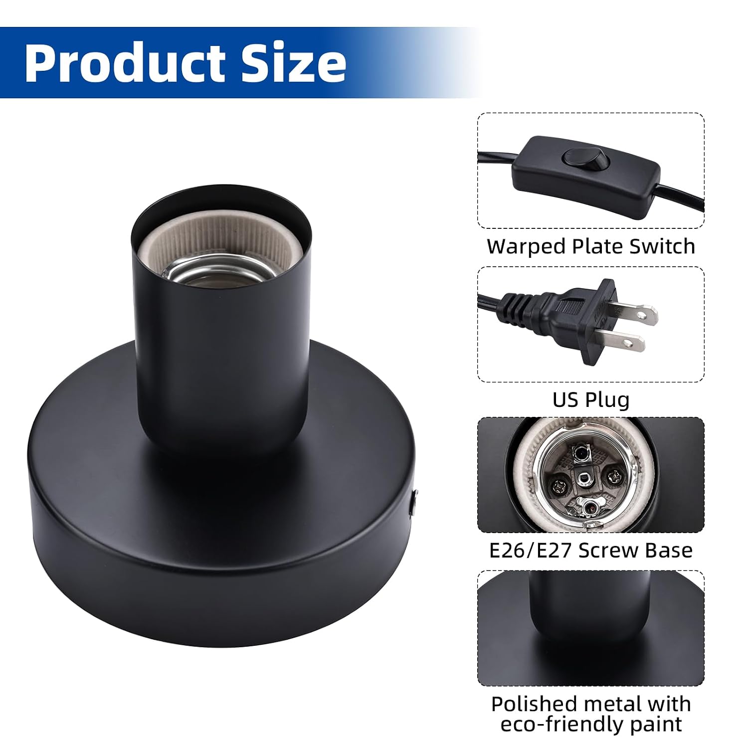 Black E26 Metal Lamp Base With Cord