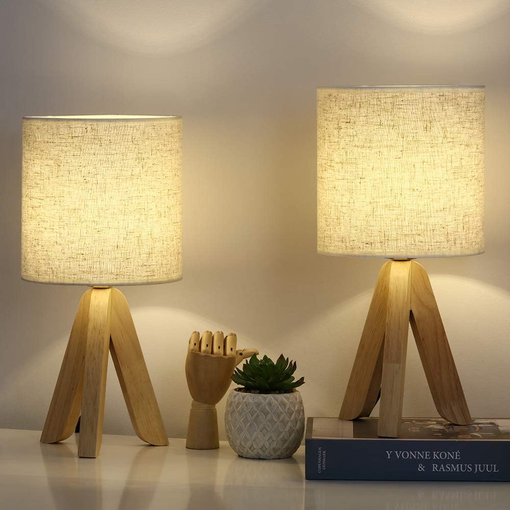 Wood Tripod Linen Shade Bedside Lamp Set
