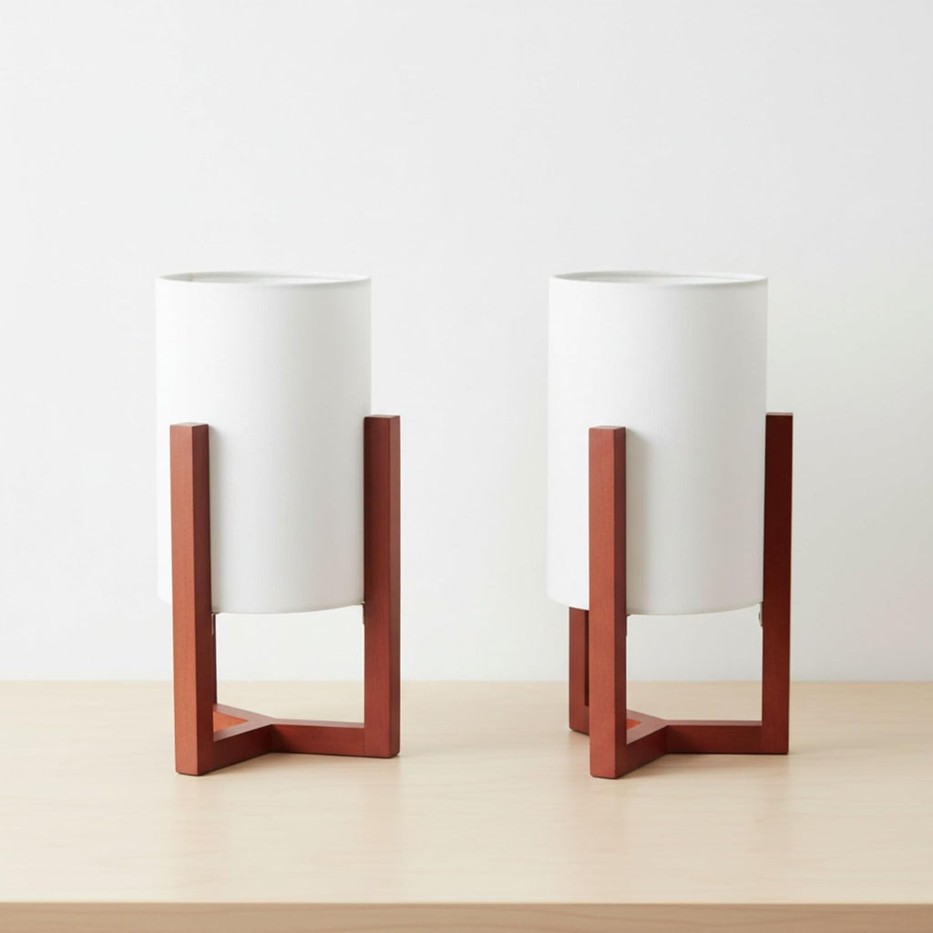Wood Cylinder Tripod Bedside Table Lamps