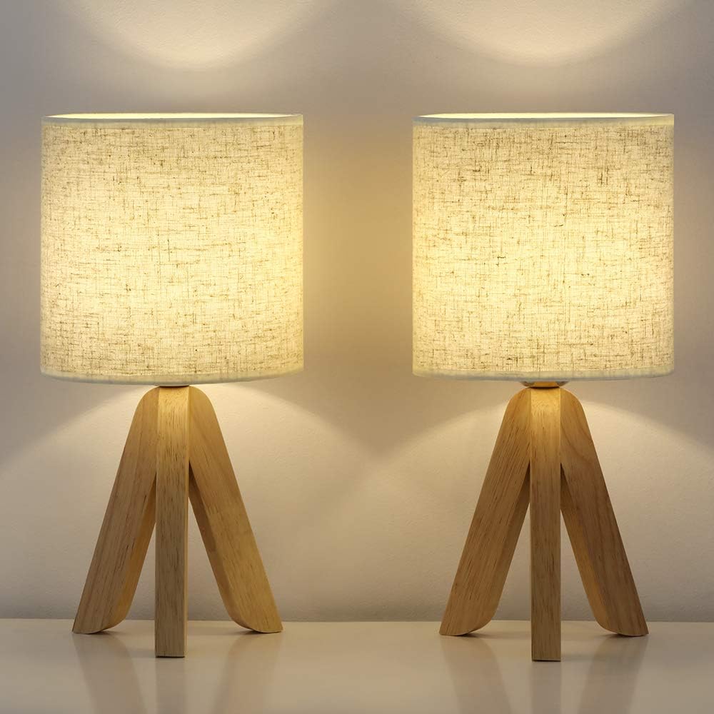 Wood Tripod Linen Shade Bedside Lamp Set