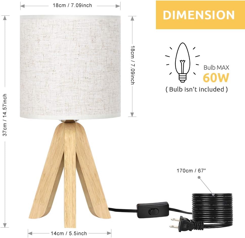 Wood Tripod Linen Shade Bedside Lamp Set