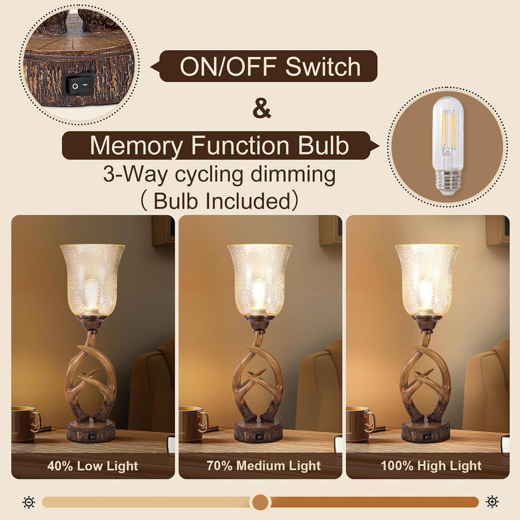 USB Resin Antler Glass Shade Table Lamp