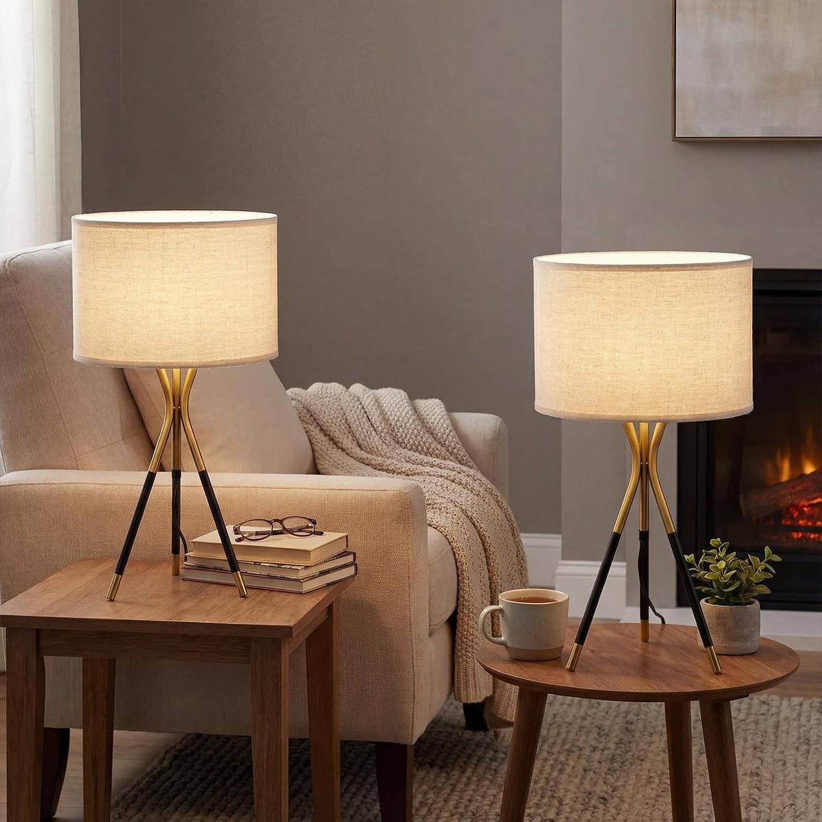 Black Gold Metal Tripod Table Lamp Set