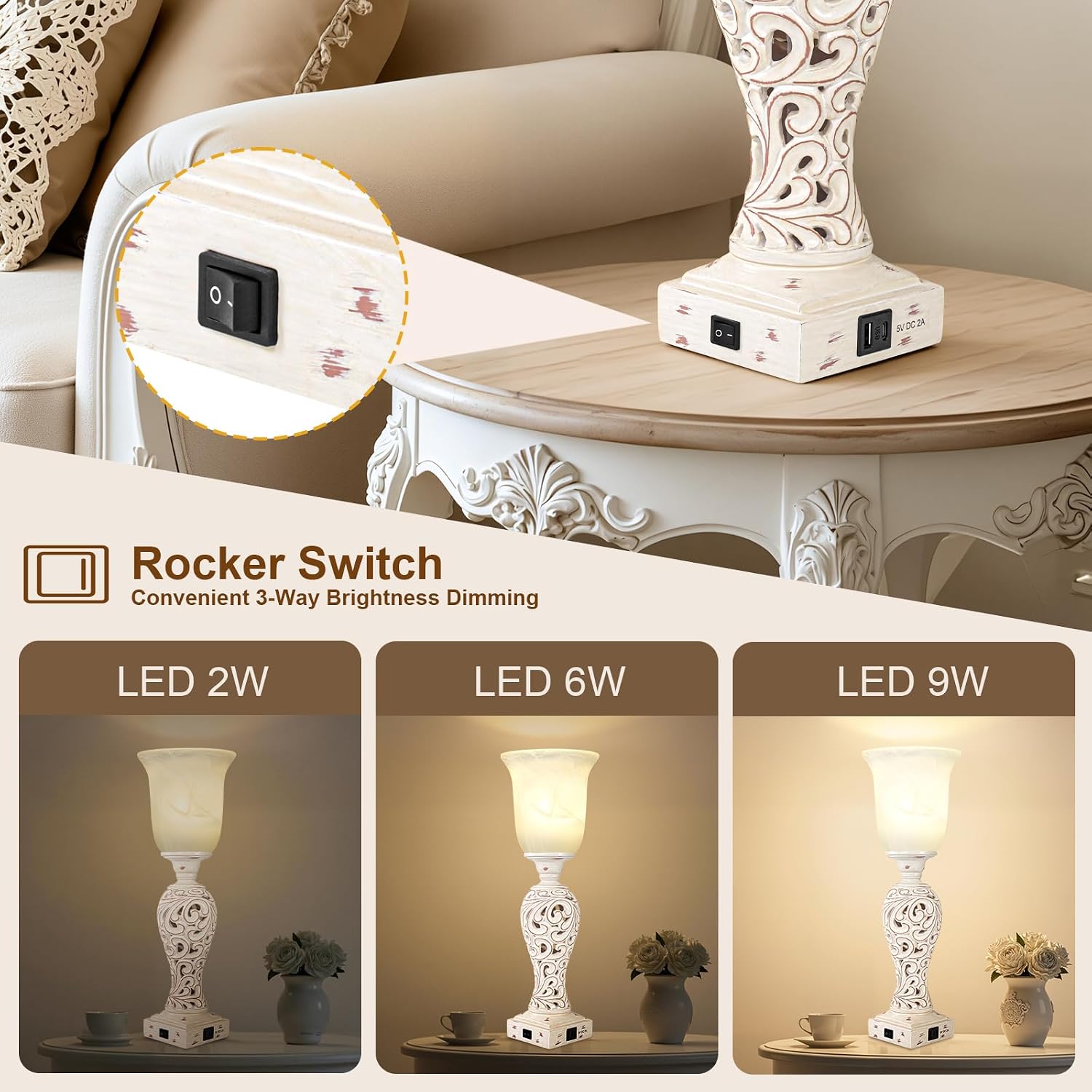 USB Dimmable White Alabaster Bedside Lamp Set