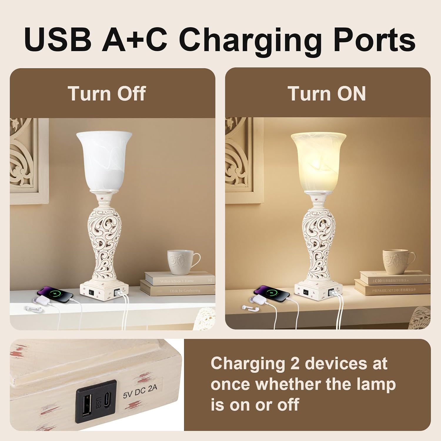USB Dimmable White Alabaster Bedside Lamp Set