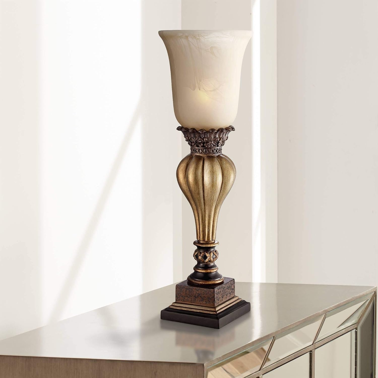 Beige French Alabaster Candlestick Table Lamp
