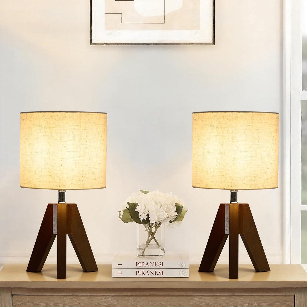 Walnut Dimmable Linen Tripod Bedside Lamps