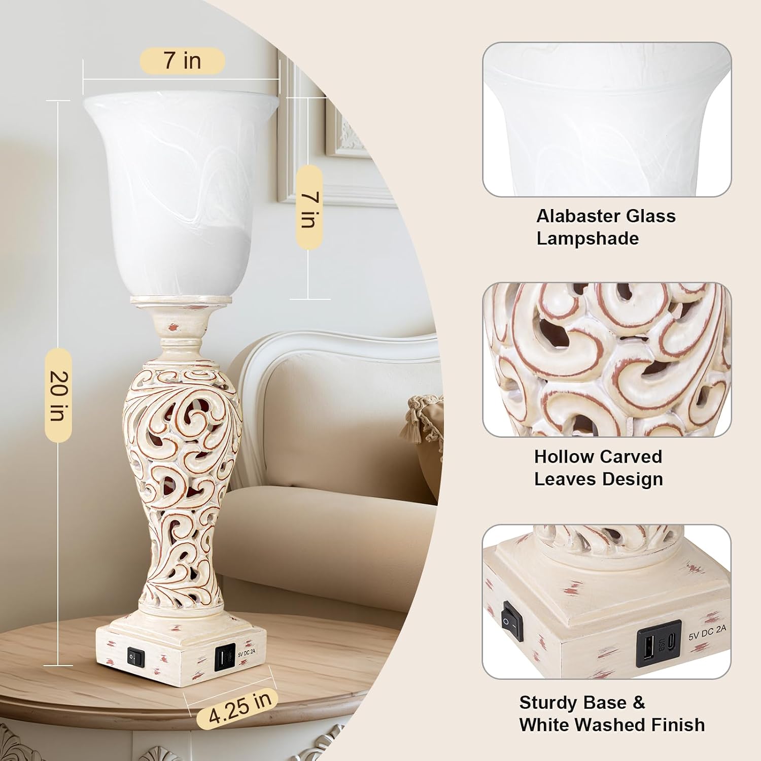 USB Dimmable White Alabaster Bedside Lamp Set