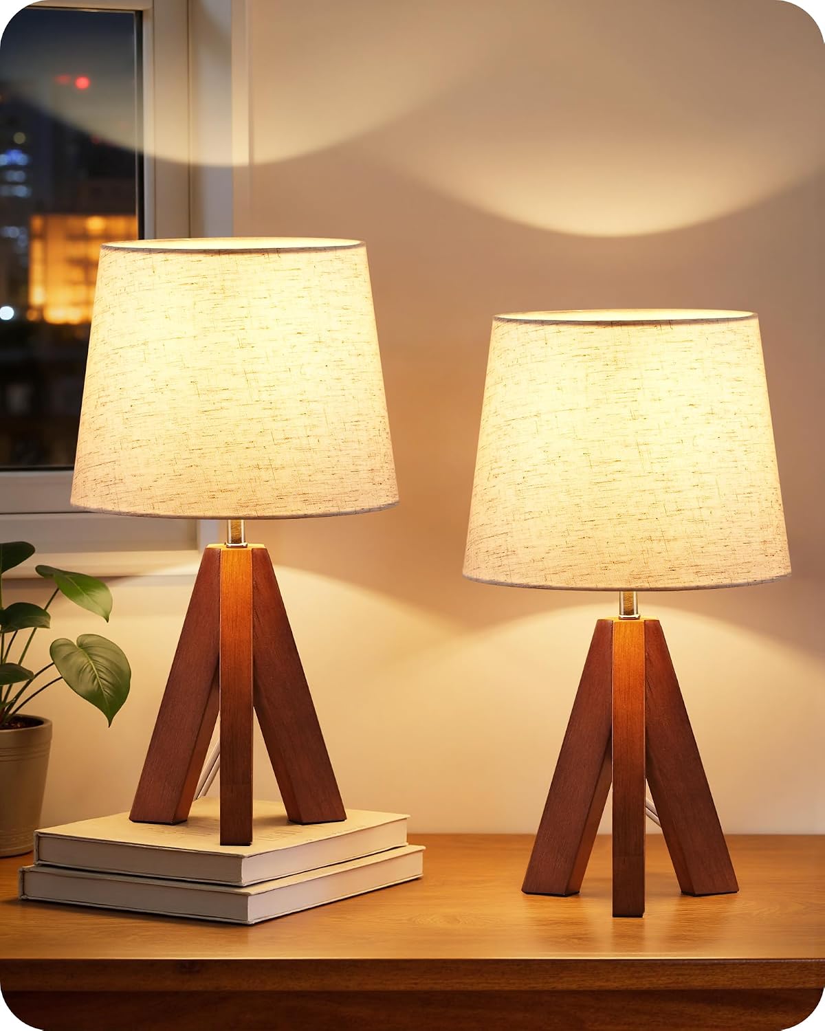 Dark Pearwood Tripod Beige Shade Lamps