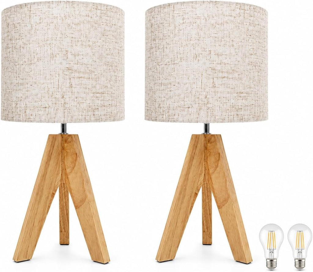Wood Tripod Linen Shade Bedside Lamps