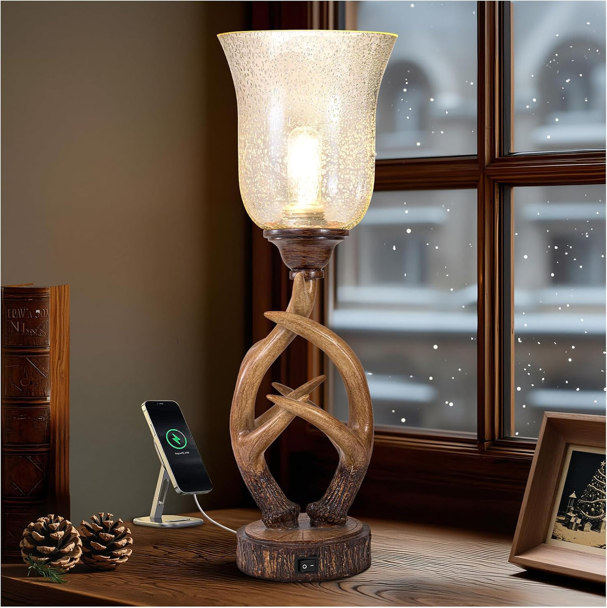 USB Resin Antler Glass Shade Table Lamp