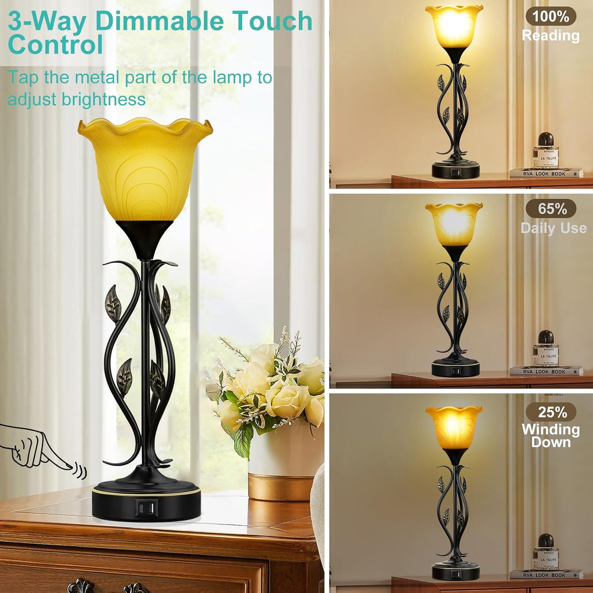 USB Touch Amber Floral Bedside Lamp Set