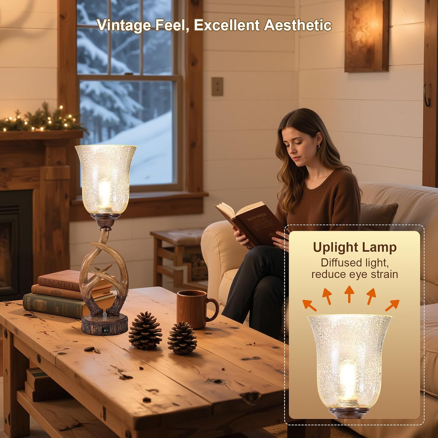 USB Resin Antler Glass Shade Table Lamp