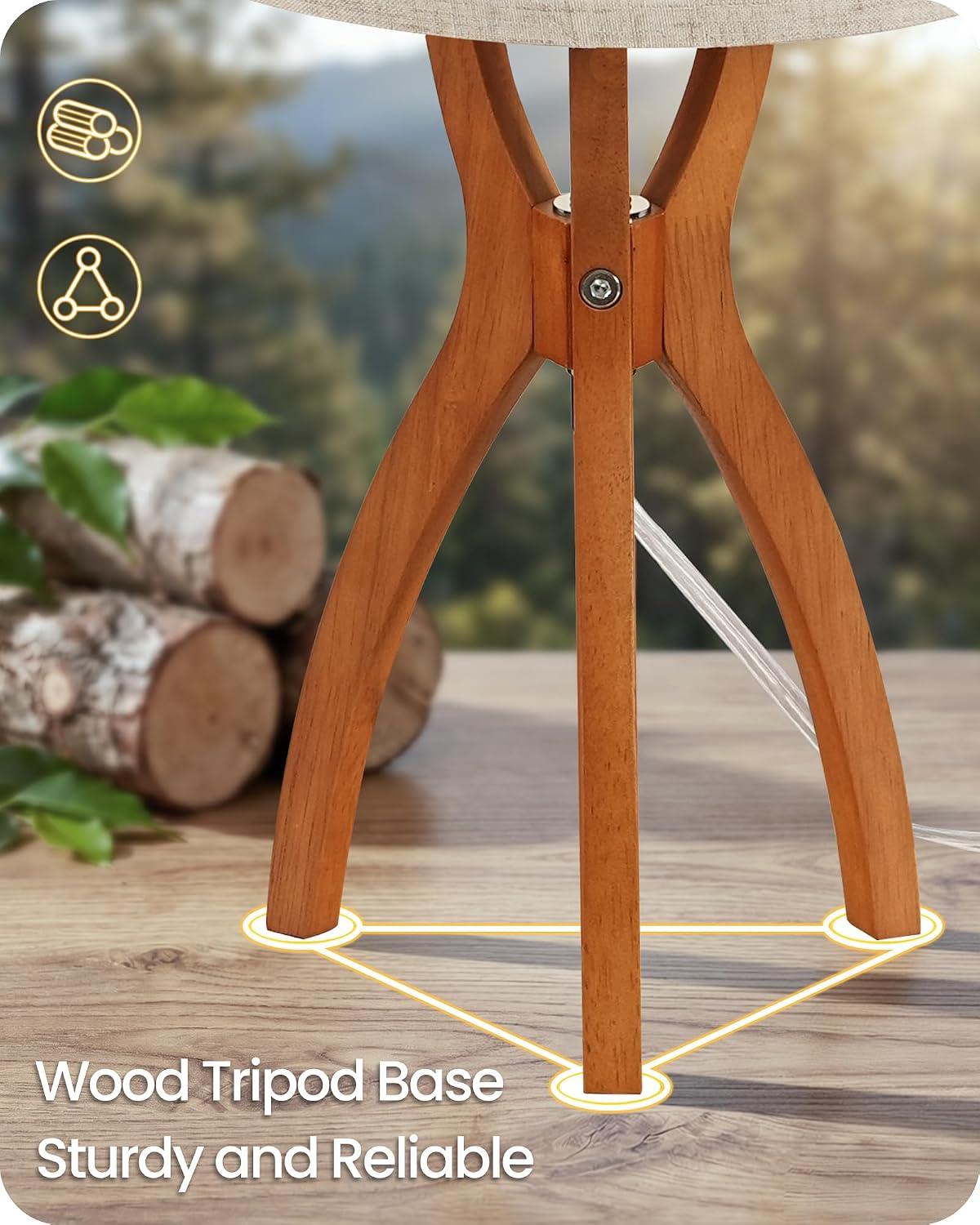 Wood Tripod Beige Linen Bedside Lamp Set