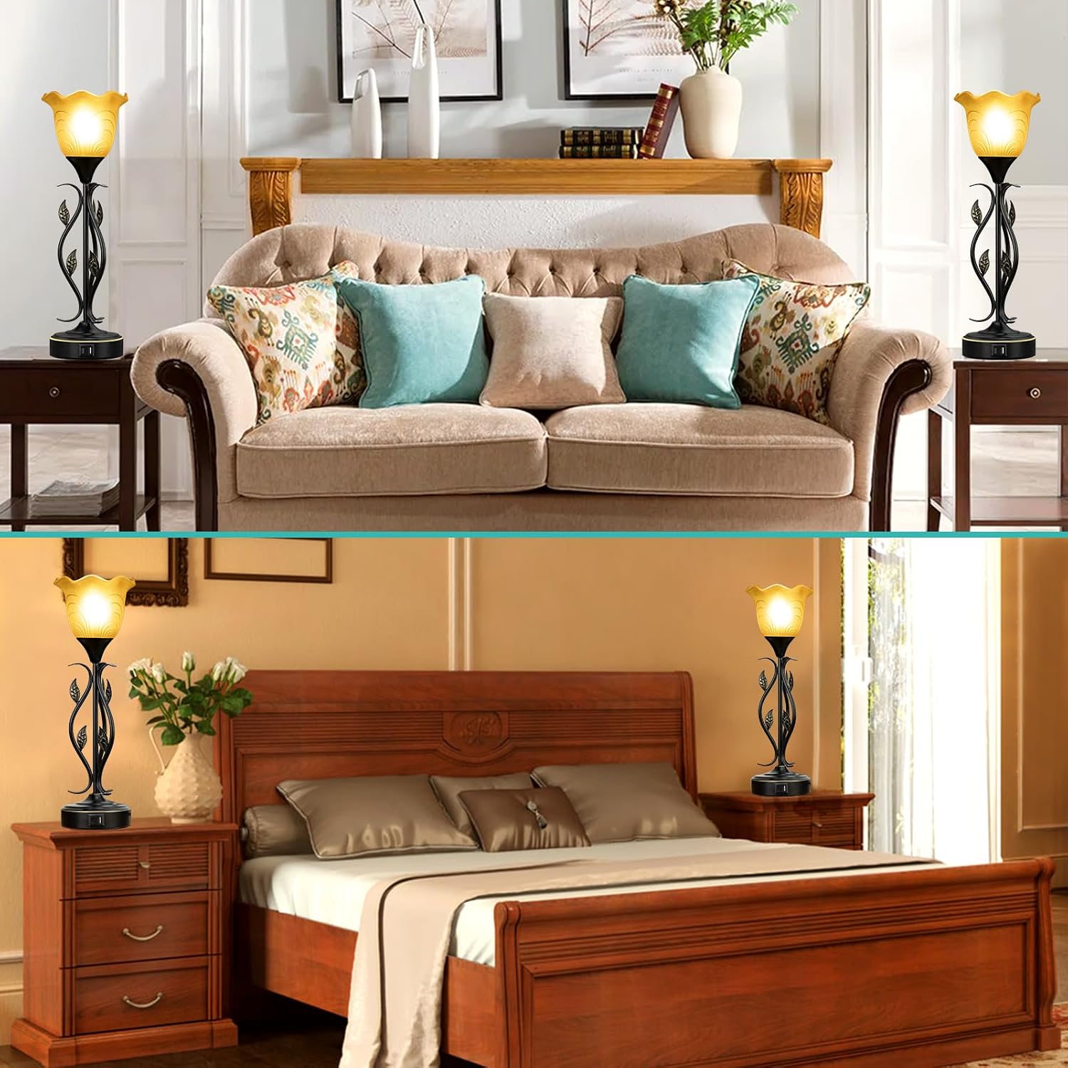 USB Touch Amber Floral Bedside Lamp Set