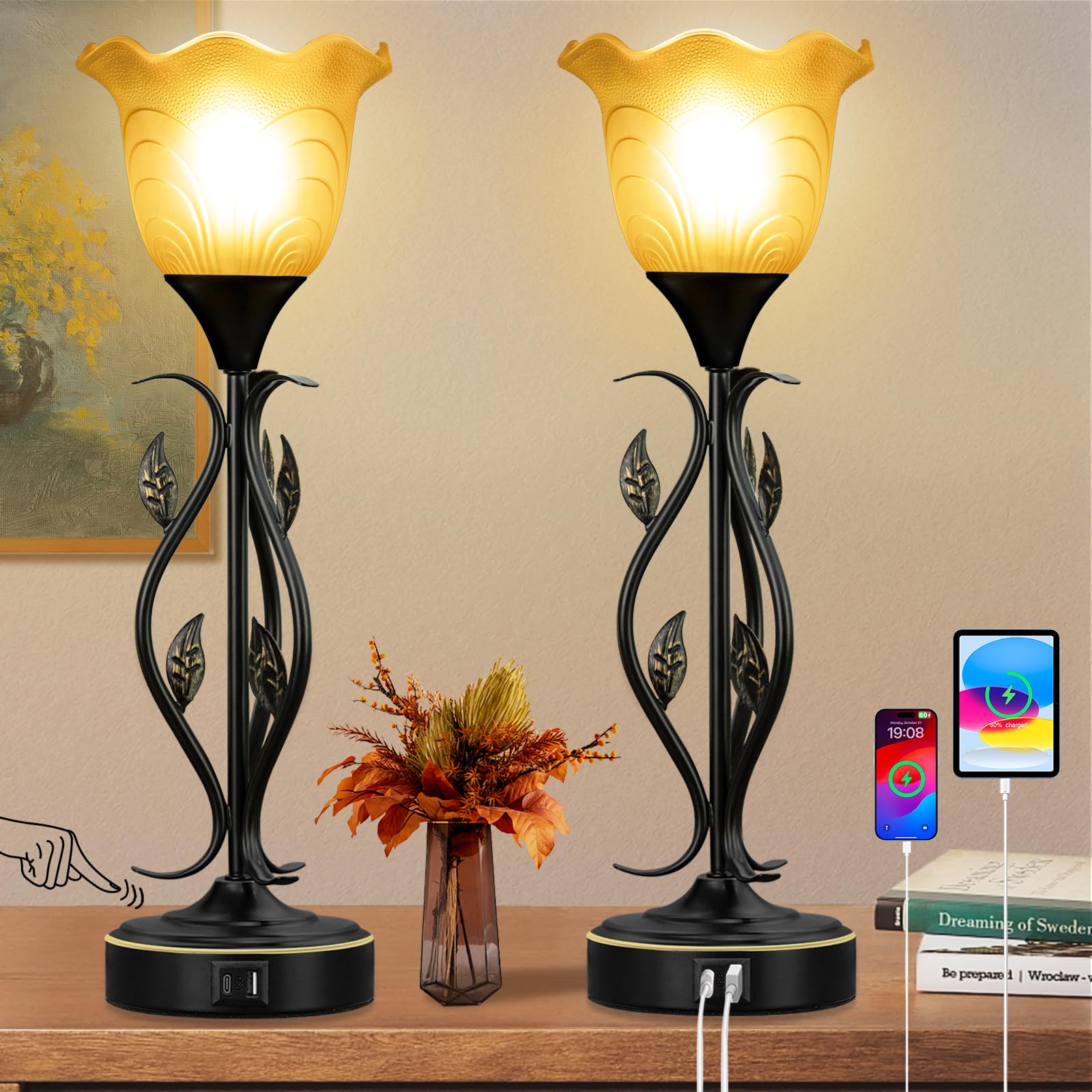 USB Touch Amber Floral Bedside Lamp Set