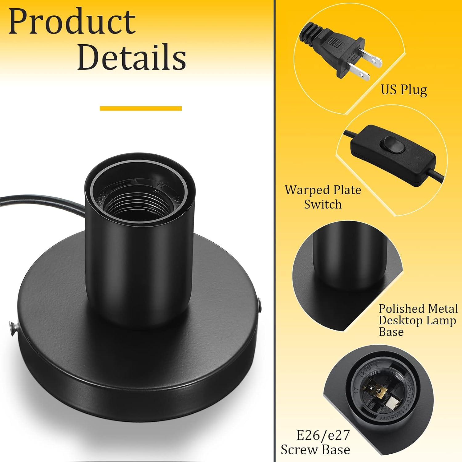 Black Metal E26 DIY Lamp Base With Cord