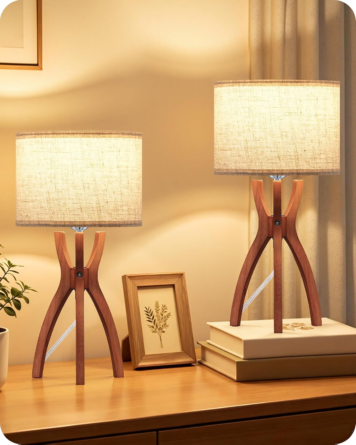 Wood Tripod Beige Linen Bedside Lamp Set