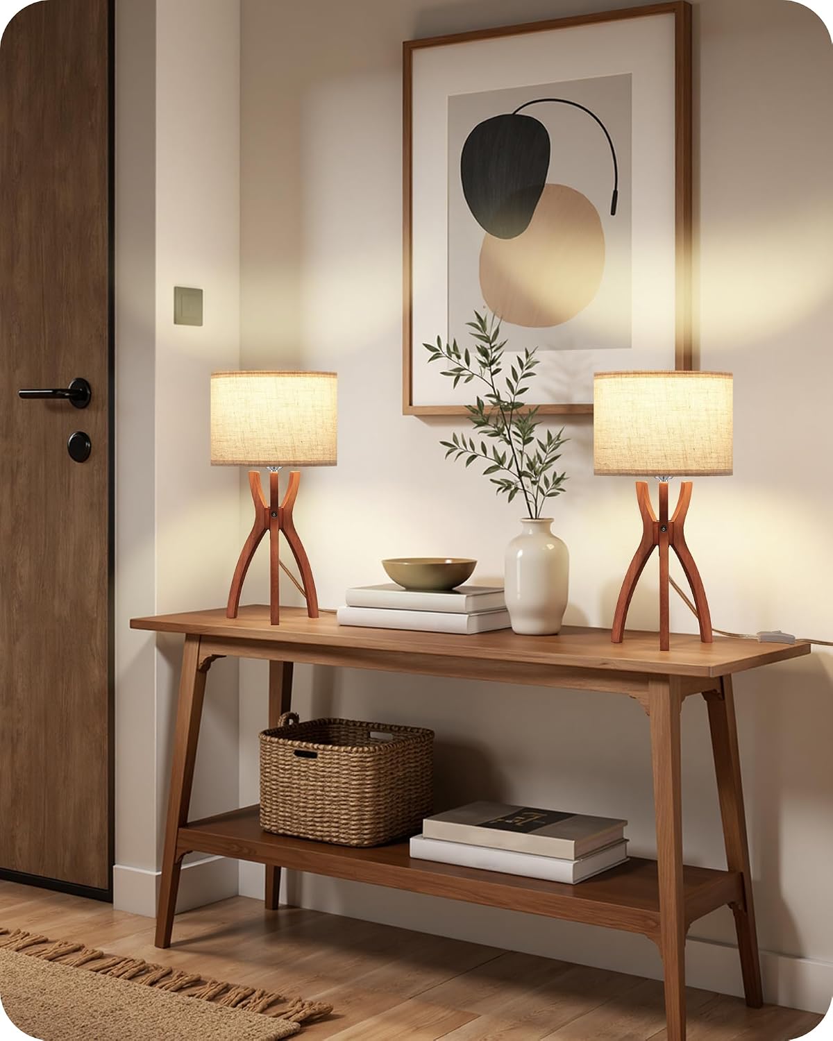 Wood Tripod Beige Linen Bedside Lamp Set