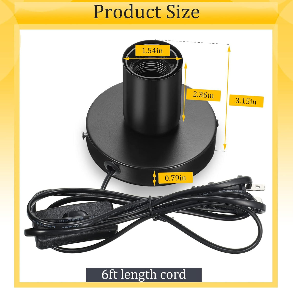 Black Metal E26 DIY Lamp Base With Cord