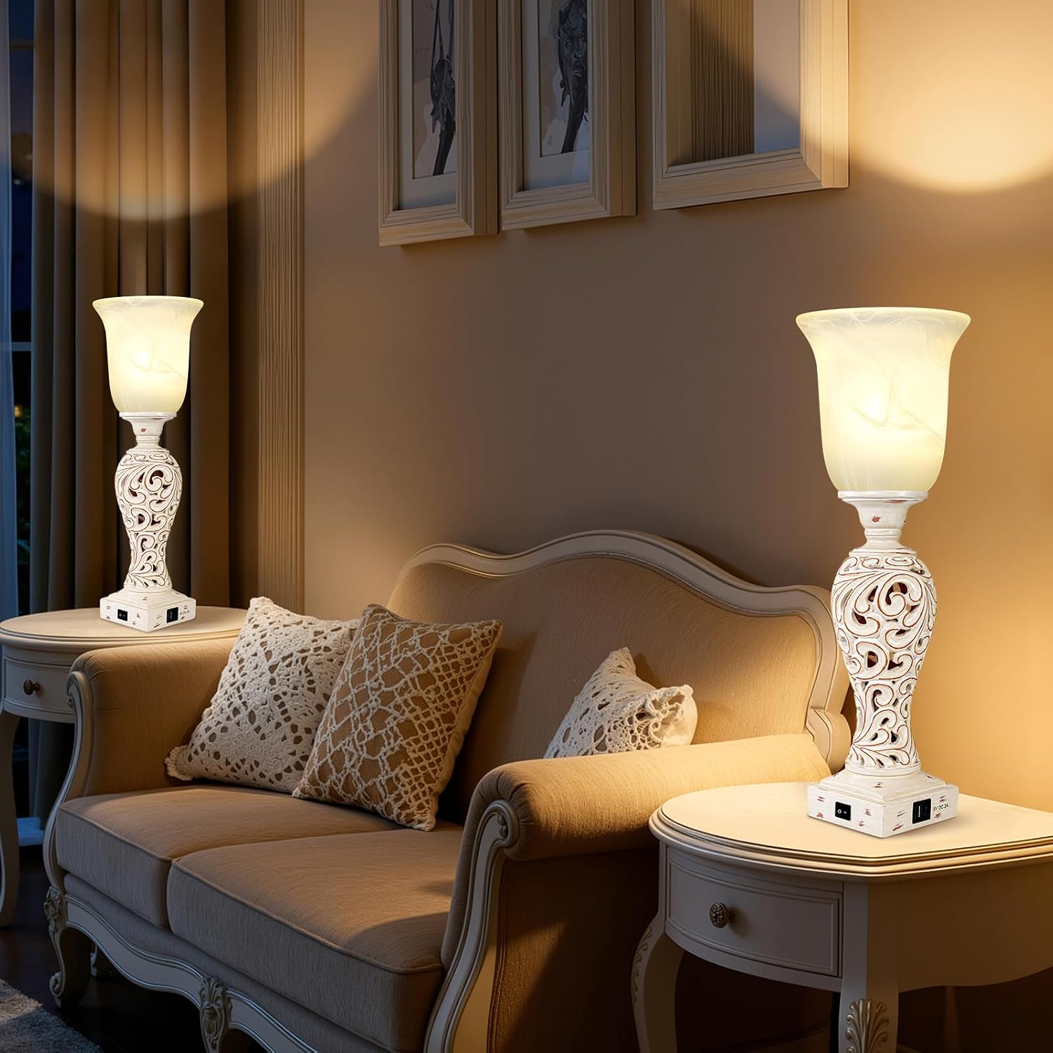 USB Dimmable White Alabaster Bedside Lamp Set