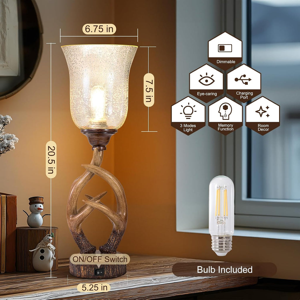 USB Resin Antler Glass Shade Table Lamp