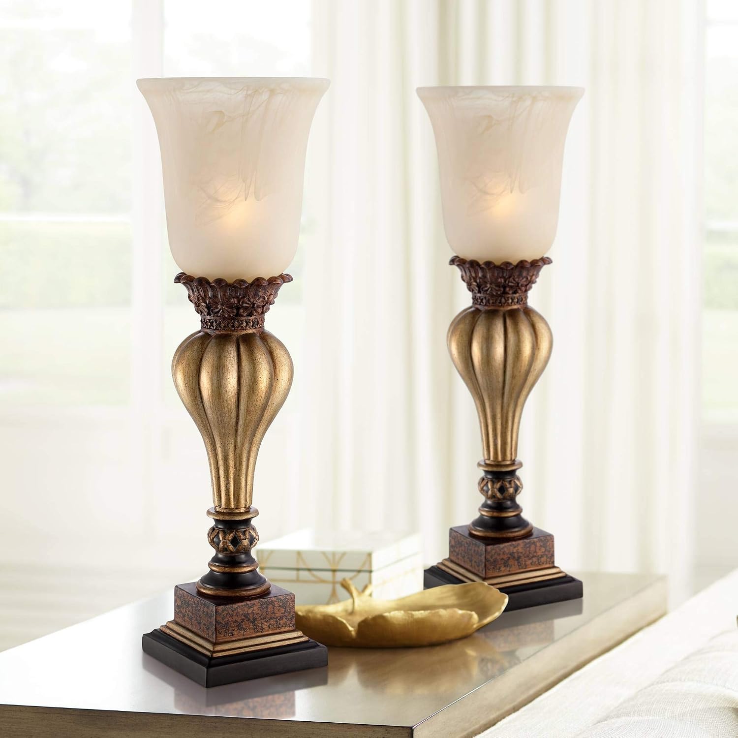 Gold Alabaster Glass Traditional Table Lamp Set
