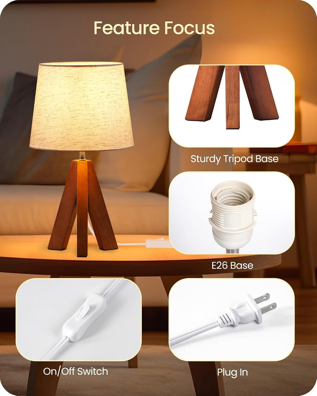 Dark Pearwood Tripod Beige Shade Lamps