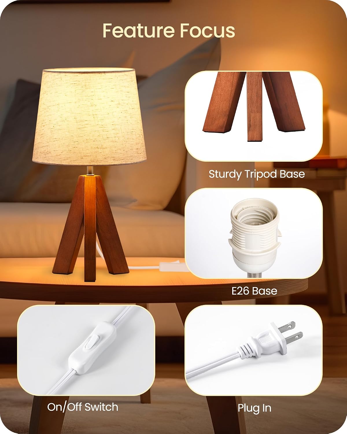 Dark Pearwood Tripod Beige Shade Lamps