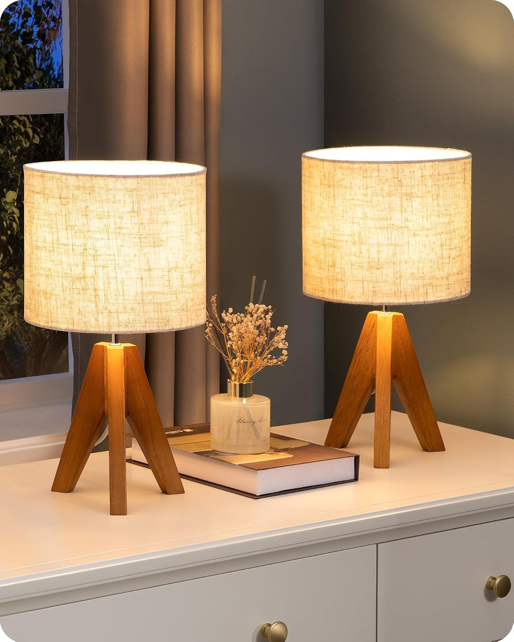Wood Tripod Linen Shade Small Bedside Lamp