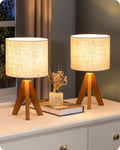 Wood Tripod Linen Shade Small Bedside Lamp