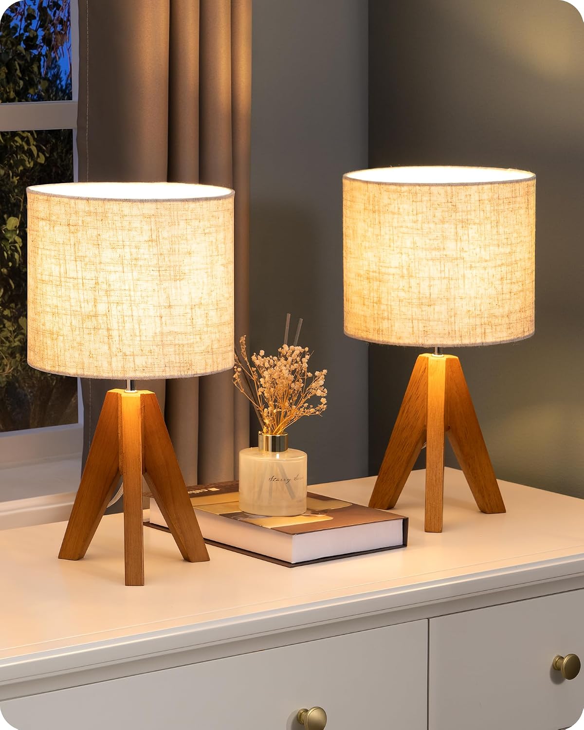 Wood Tripod Linen Shade Small Bedside Lamp