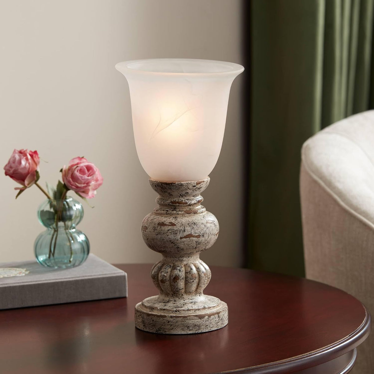 Brown Wood Off-White Shade Accent Lamp