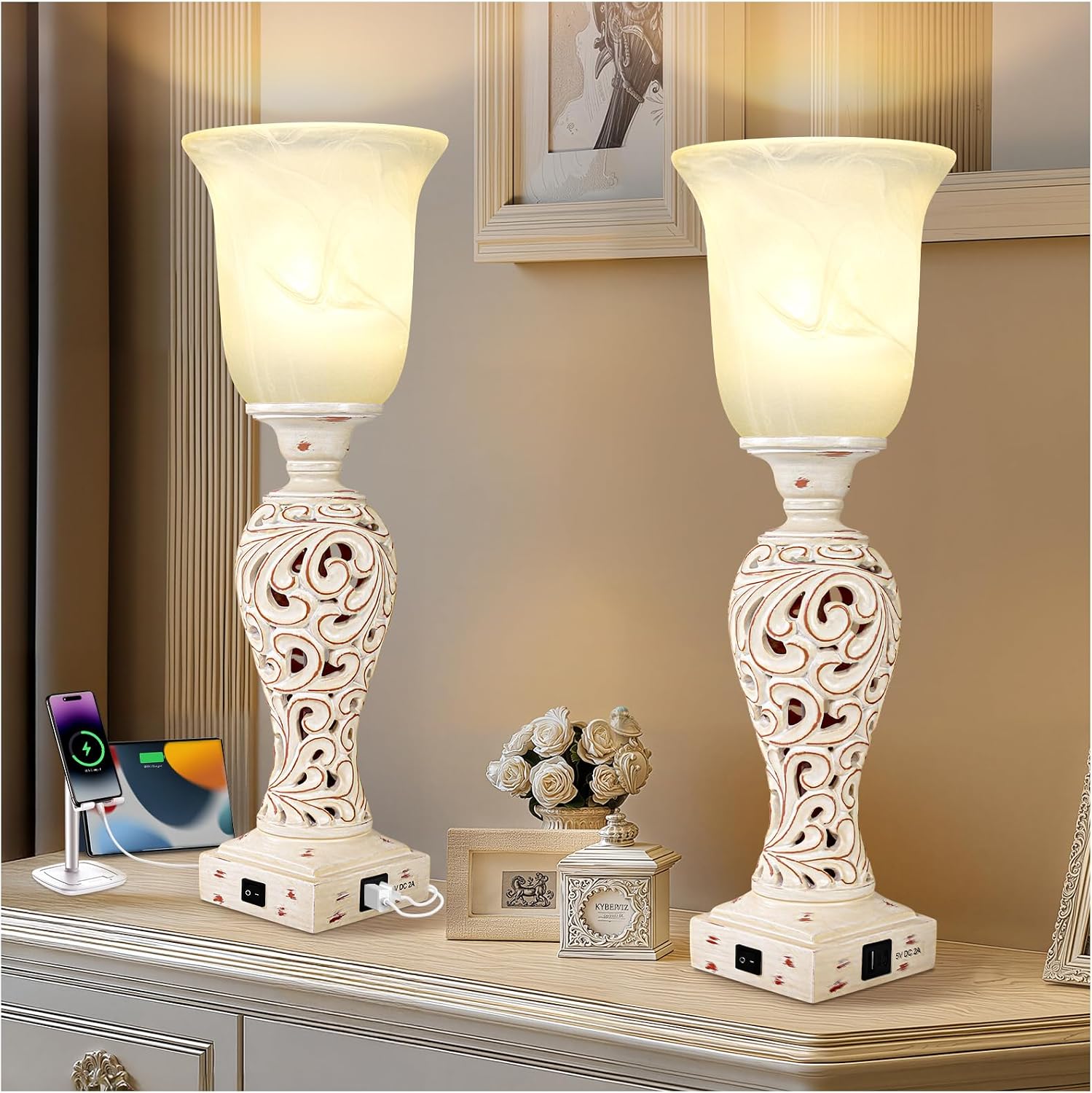 USB Dimmable White Alabaster Bedside Lamp Set