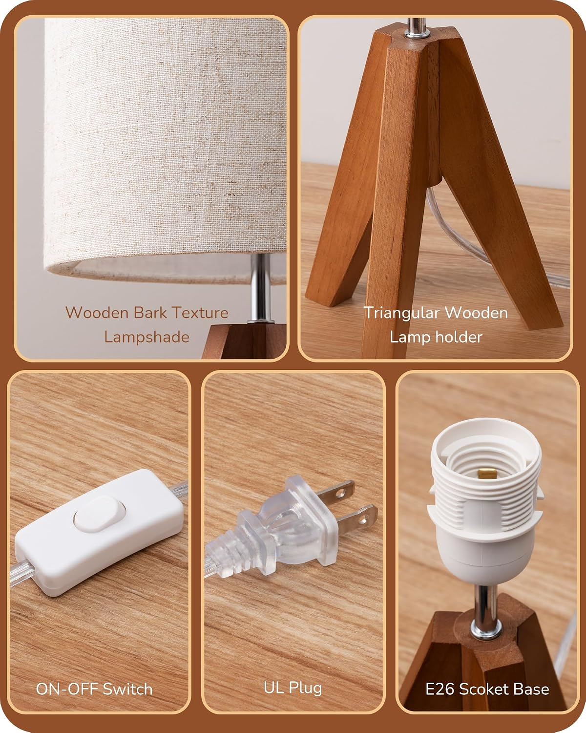 Wood Tripod Linen Shade Small Bedside Lamp