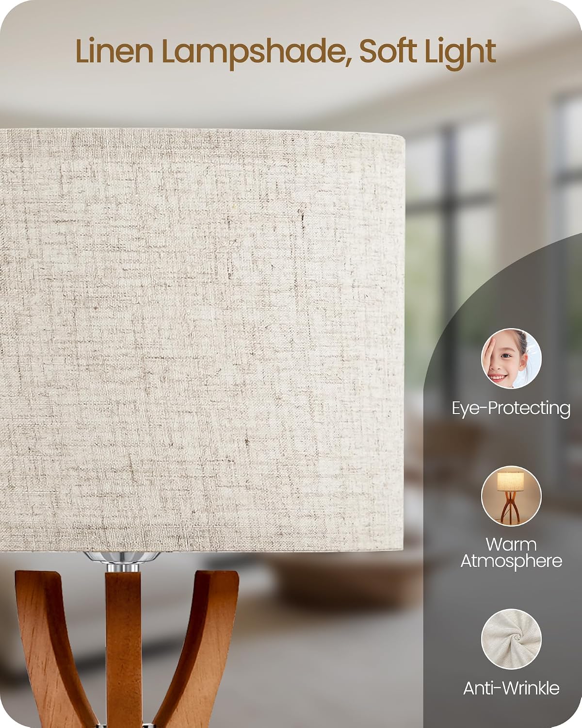 Wood Tripod Beige Linen Bedside Lamp Set