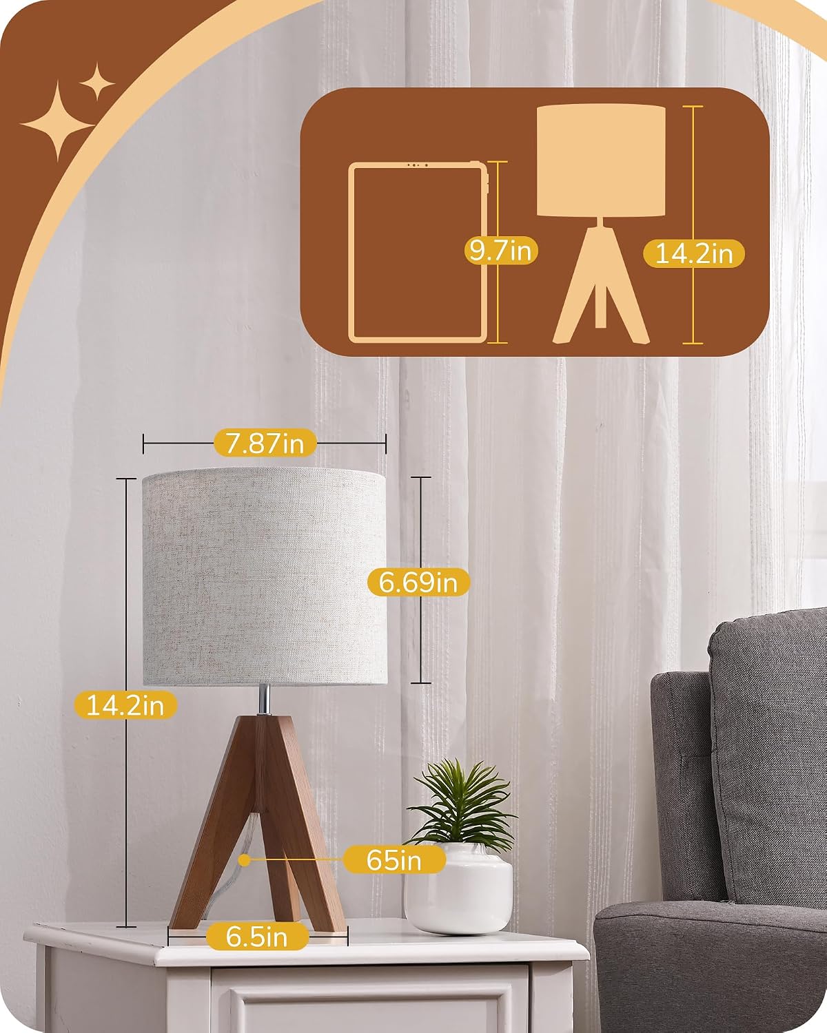Wood Tripod Linen Shade Small Bedside Lamp
