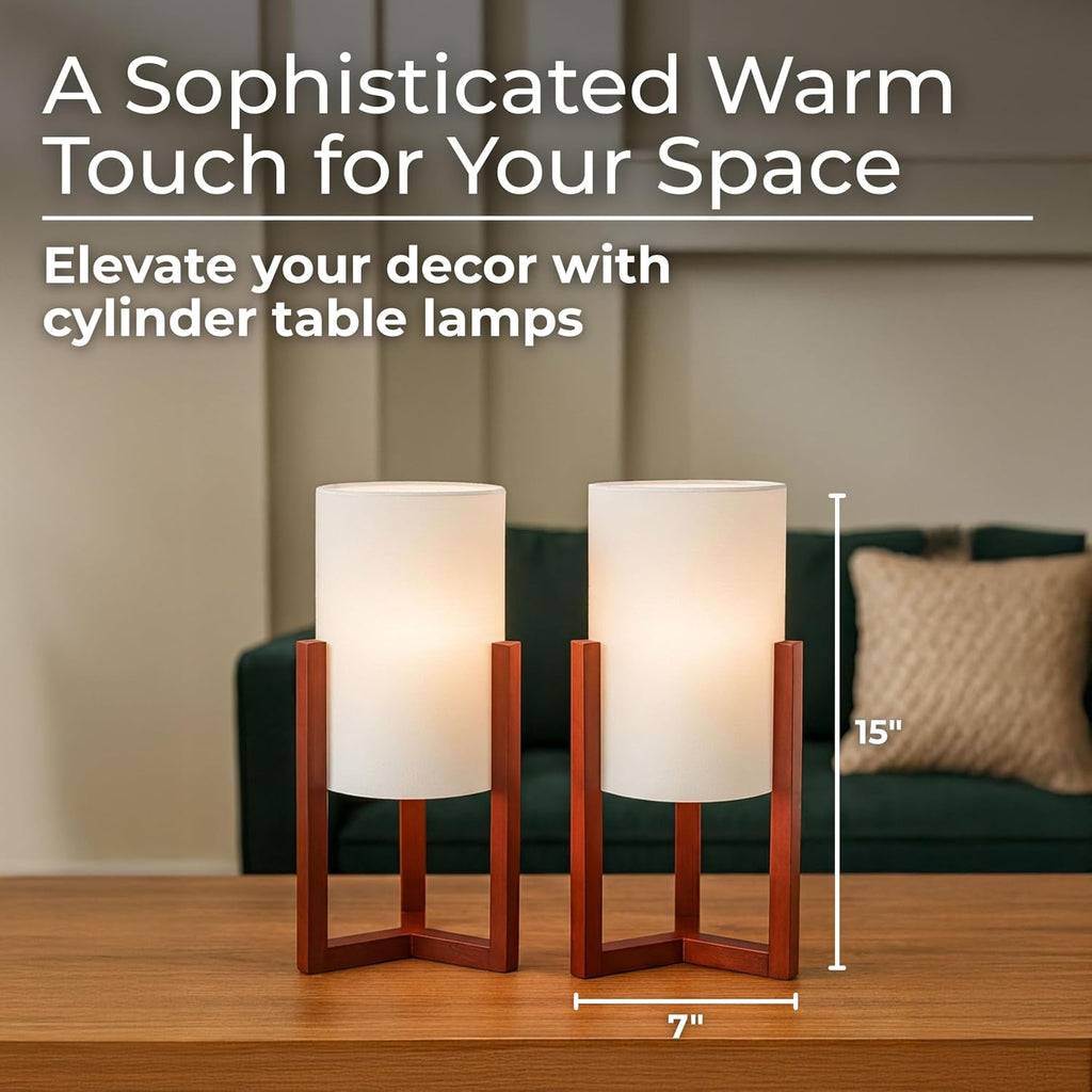 Wood Cylinder Tripod Bedside Table Lamps