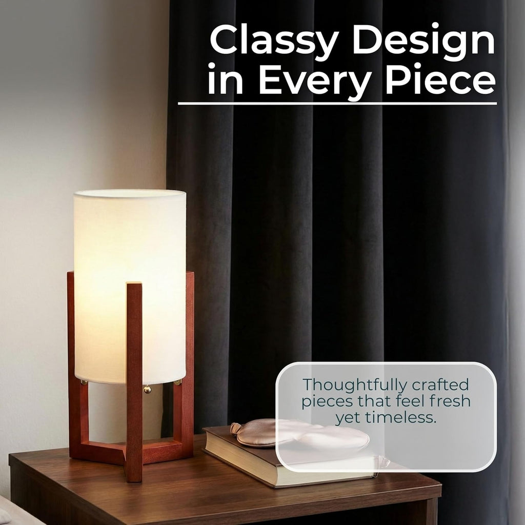 Wood Cylinder Tripod Bedside Table Lamps